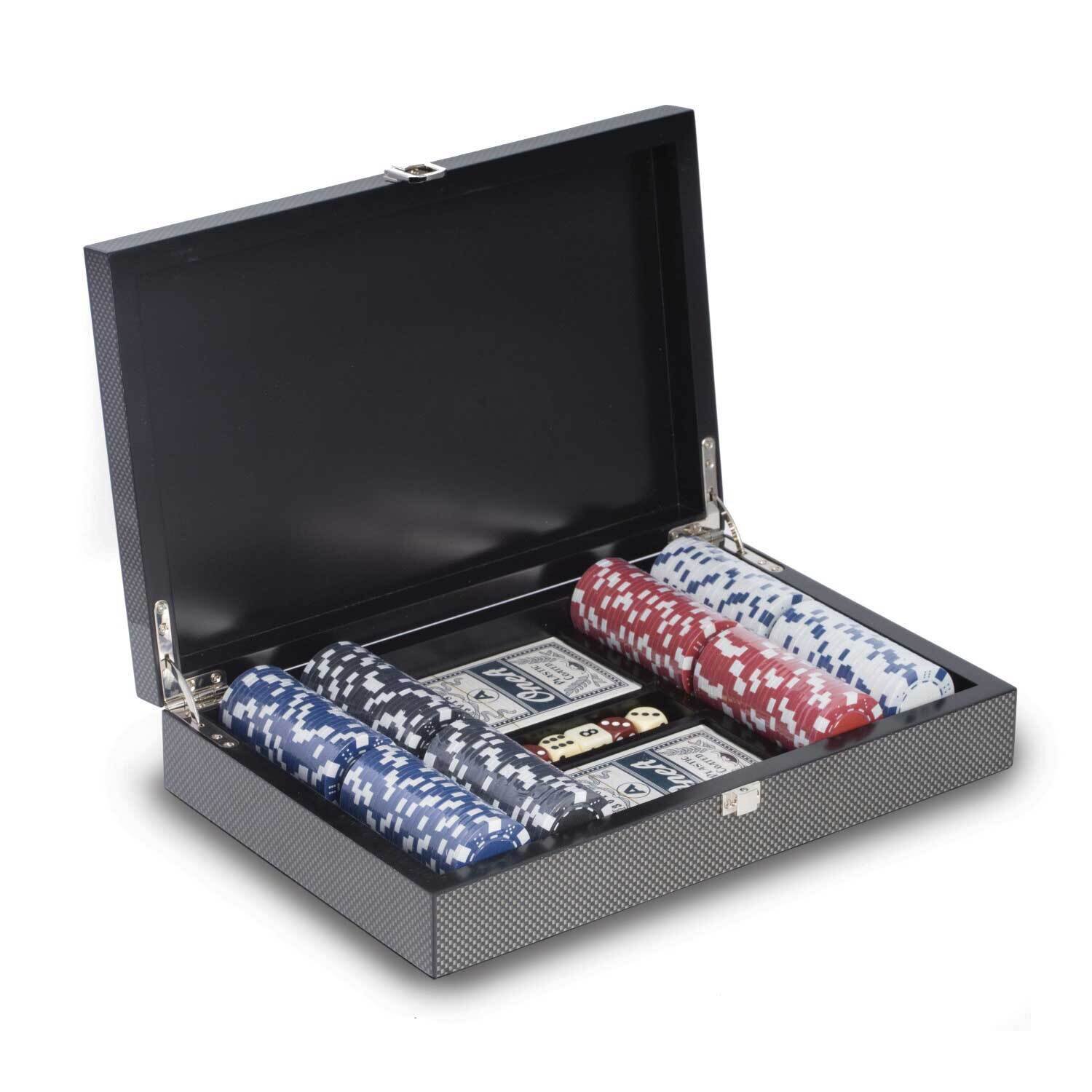 Carbon Fiber Case 200 Clay Chips 2 Card Decks 5 Dice Poker Set GM21247