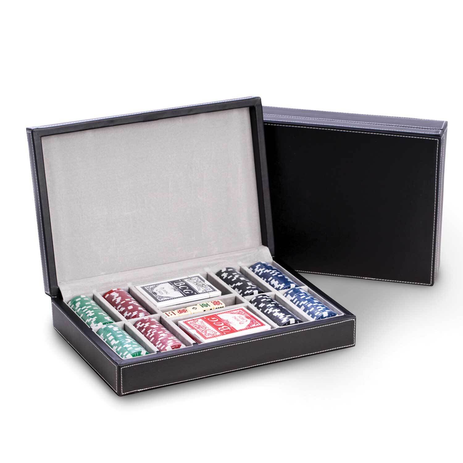 Black Leather Case 200 Clay Chips 2 Card Decks 5 Dice Poker Set GM21250