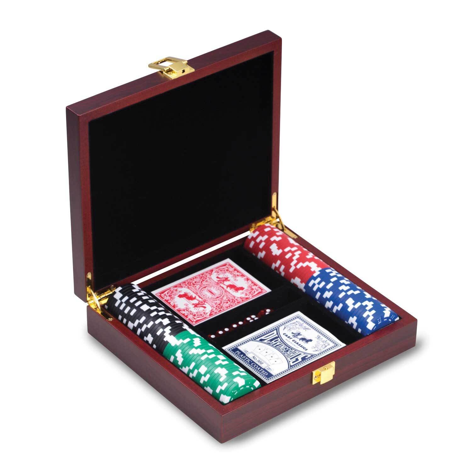Cherry Finish Wood Case 100 Clay Chips 2 Card Decks 5 Dice Poker Set GM21251