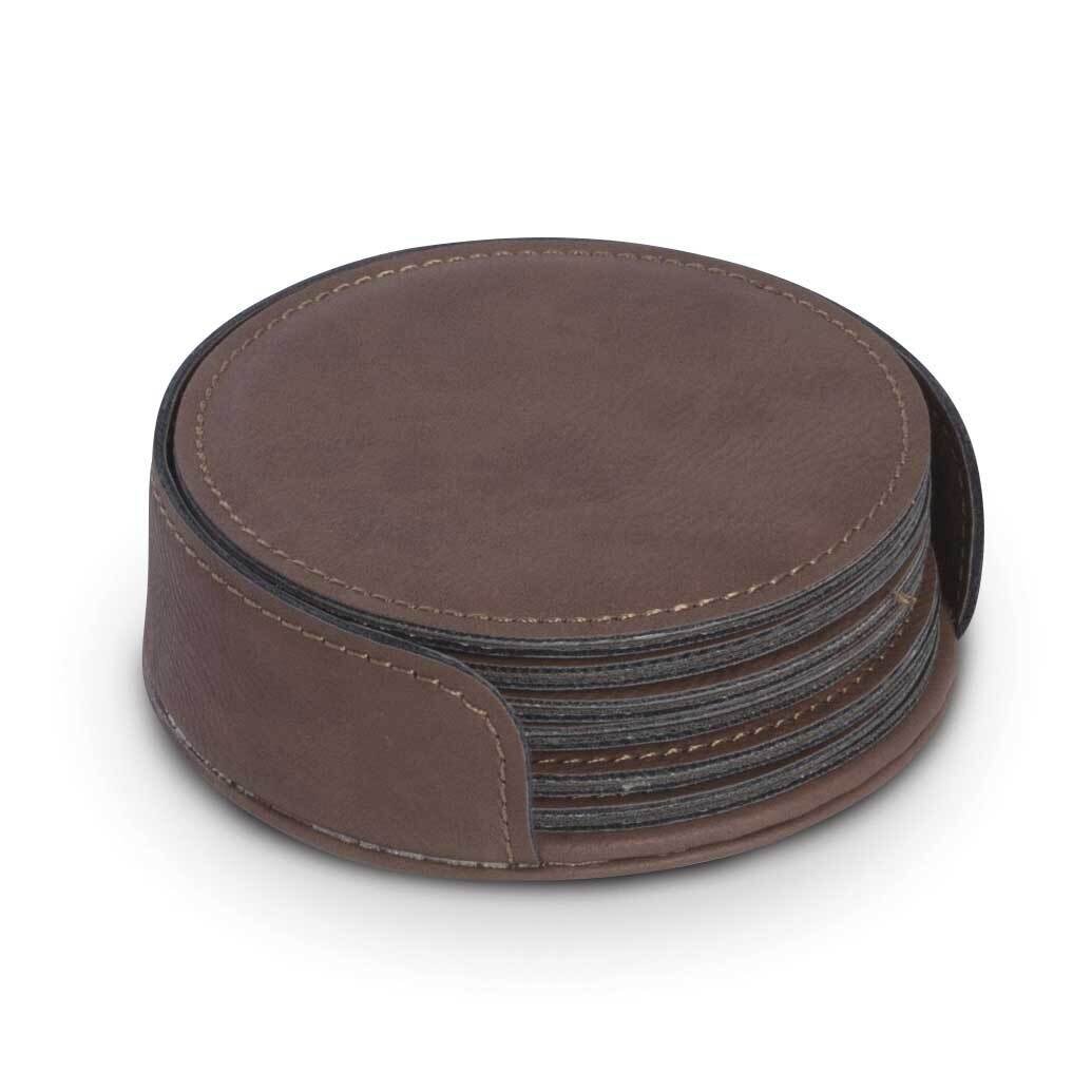 Rustic Brown Leatherette 6-Coaster Set with Holder GM21368