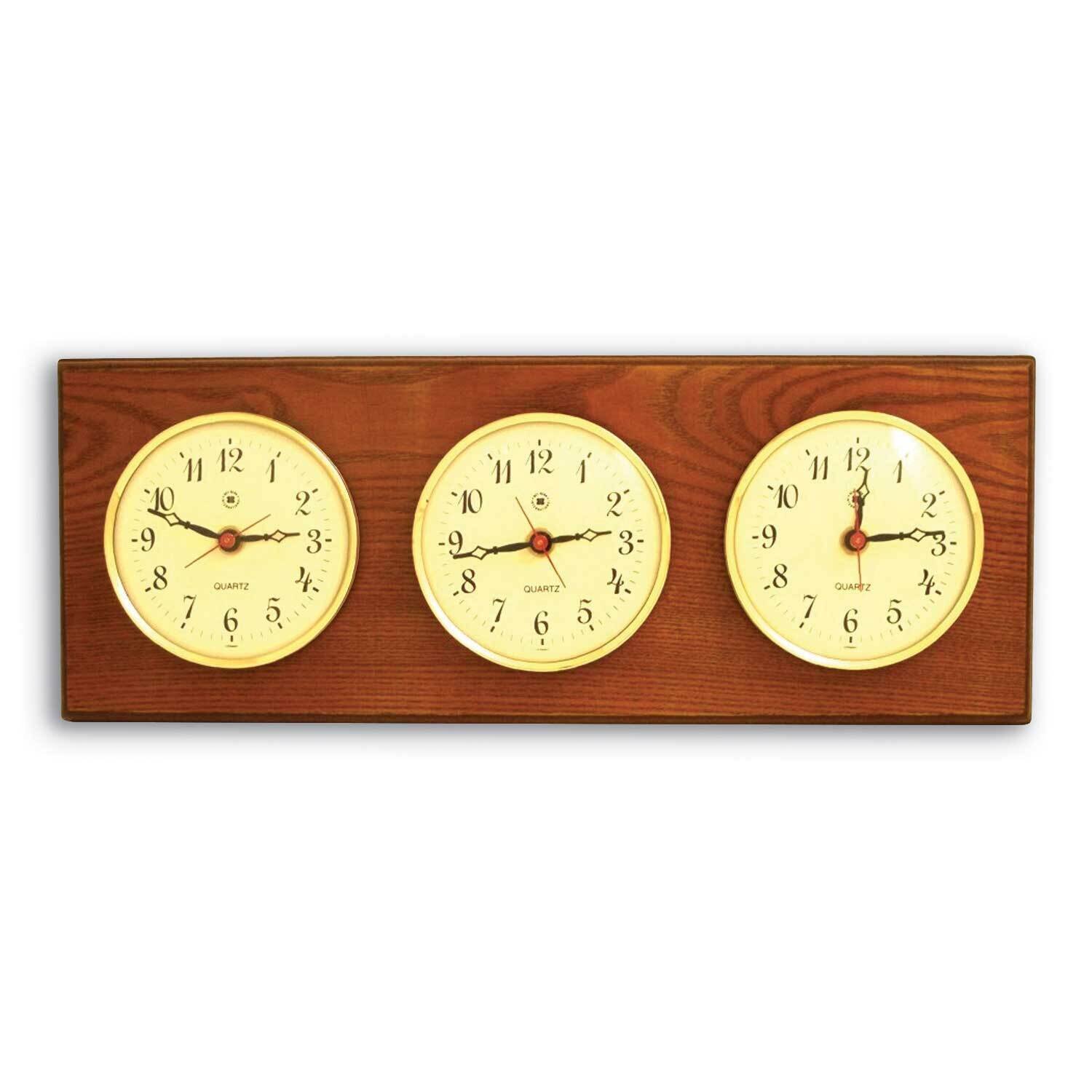 Oak Wood Triple Time Zone Clock with Brass Bezels GM21389