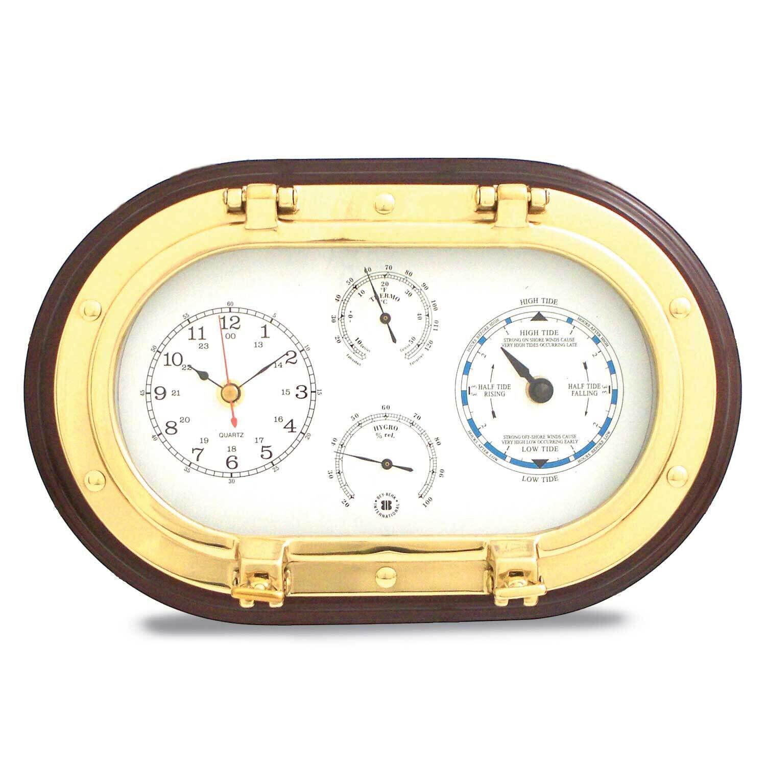 Mahogany Brass Porthole Clock Tide Clock Thermometer Hygrometer GM21395