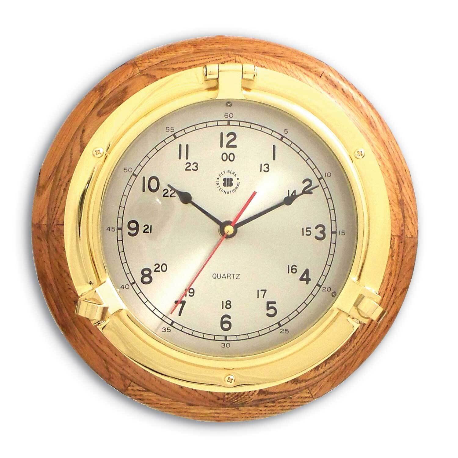 Oak Wood Lacquered Brass Porthole Quartz Clock GM21400