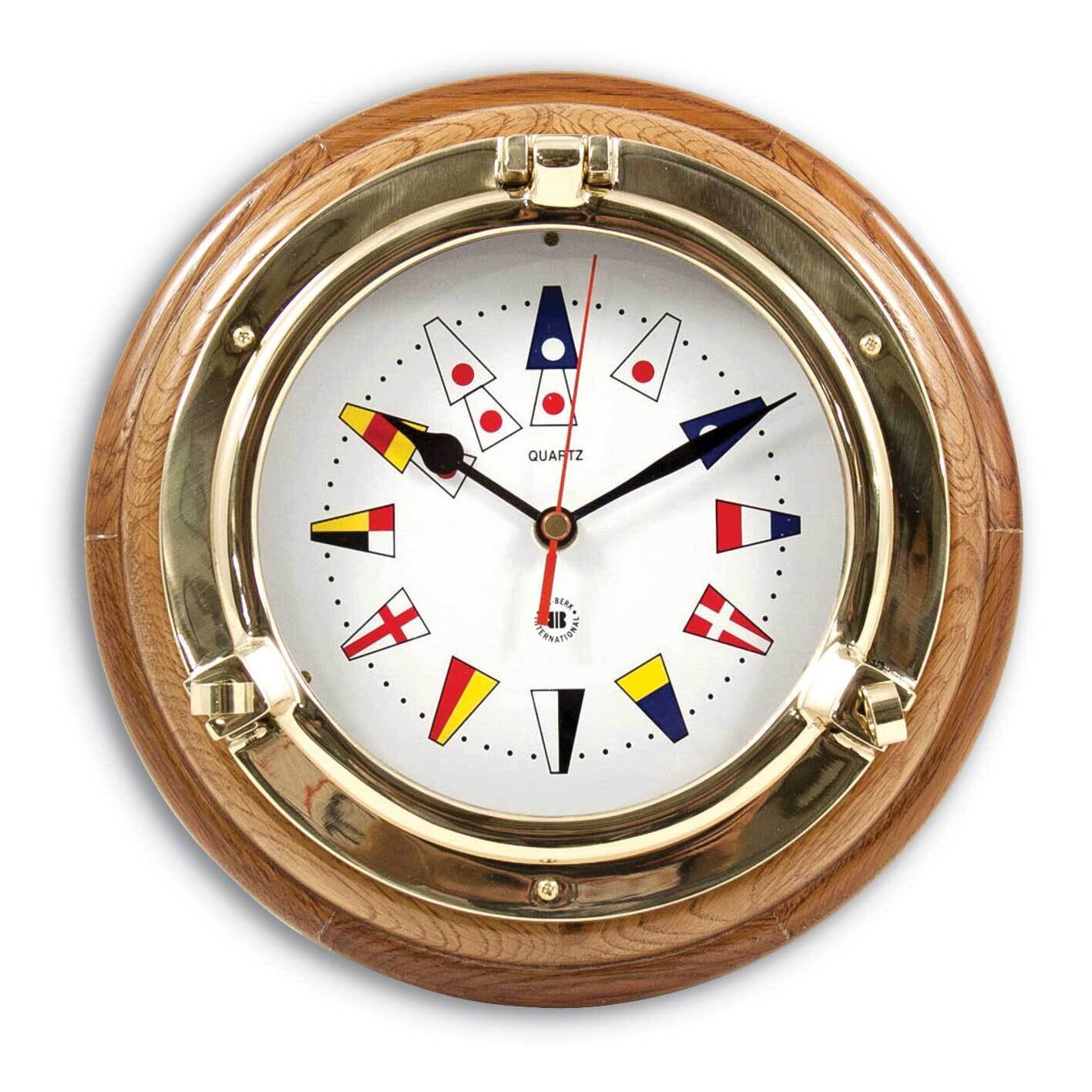 Oak Wood Lacquered Brass Porthole Quartz Clock with Nautical Flags Dial GM21401