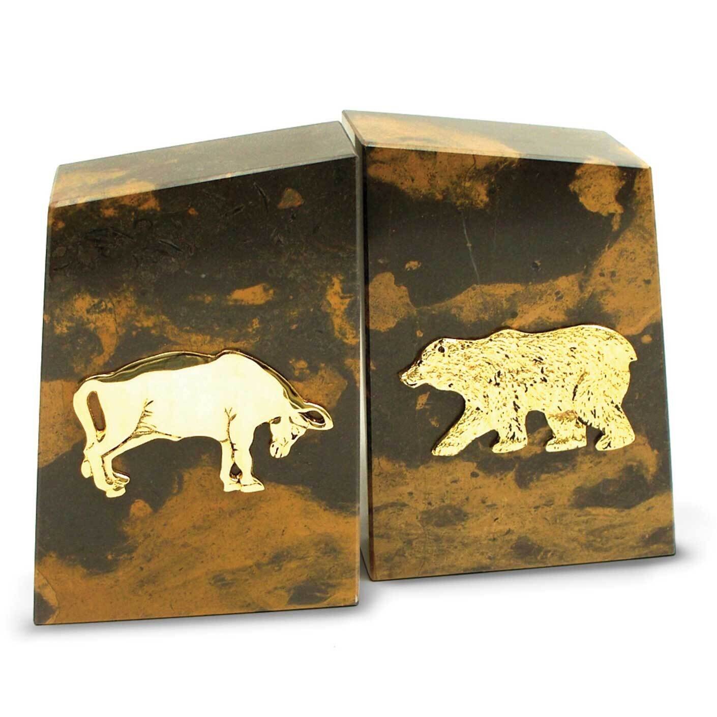 Tiger Eye Marble Bookends Gold-plated Stock Market Emblem GM21433