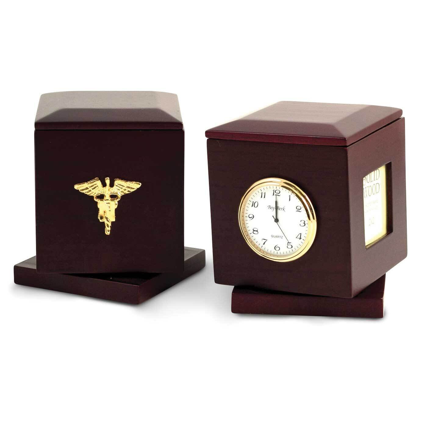 Nursing Rosewood Rotating Pen Box with Two 2x2 Picture Frames and Clock GM21501