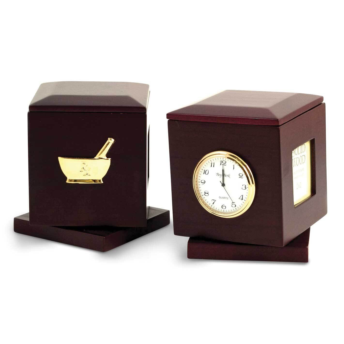 Pharmacy Rosewood Rotating Pen Box with Two 2x2 Picture Frames and Clock GM21502
