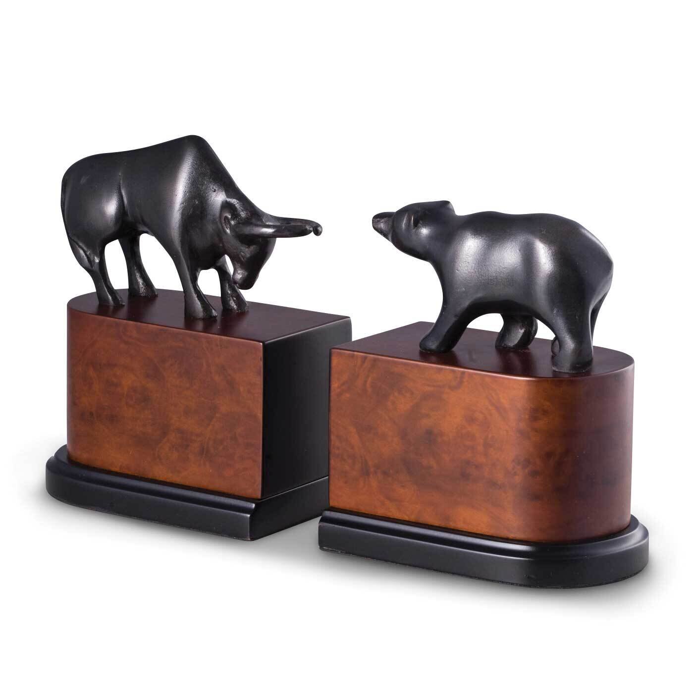 Cast Metal with Bronzed Finished Bull and Bear Bookends on Wood Base GM21520