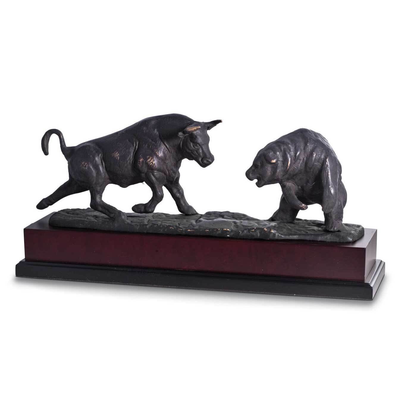Charging Bull and Bear Sculpture with Bronze Metal Finish Burlwood Base GM21537