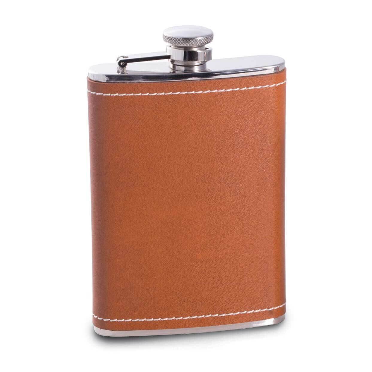 8 oz Stainless Steel Saddle Brown Leather and White Stitch Flask GM21585, MPN: GM21585, 797140521488