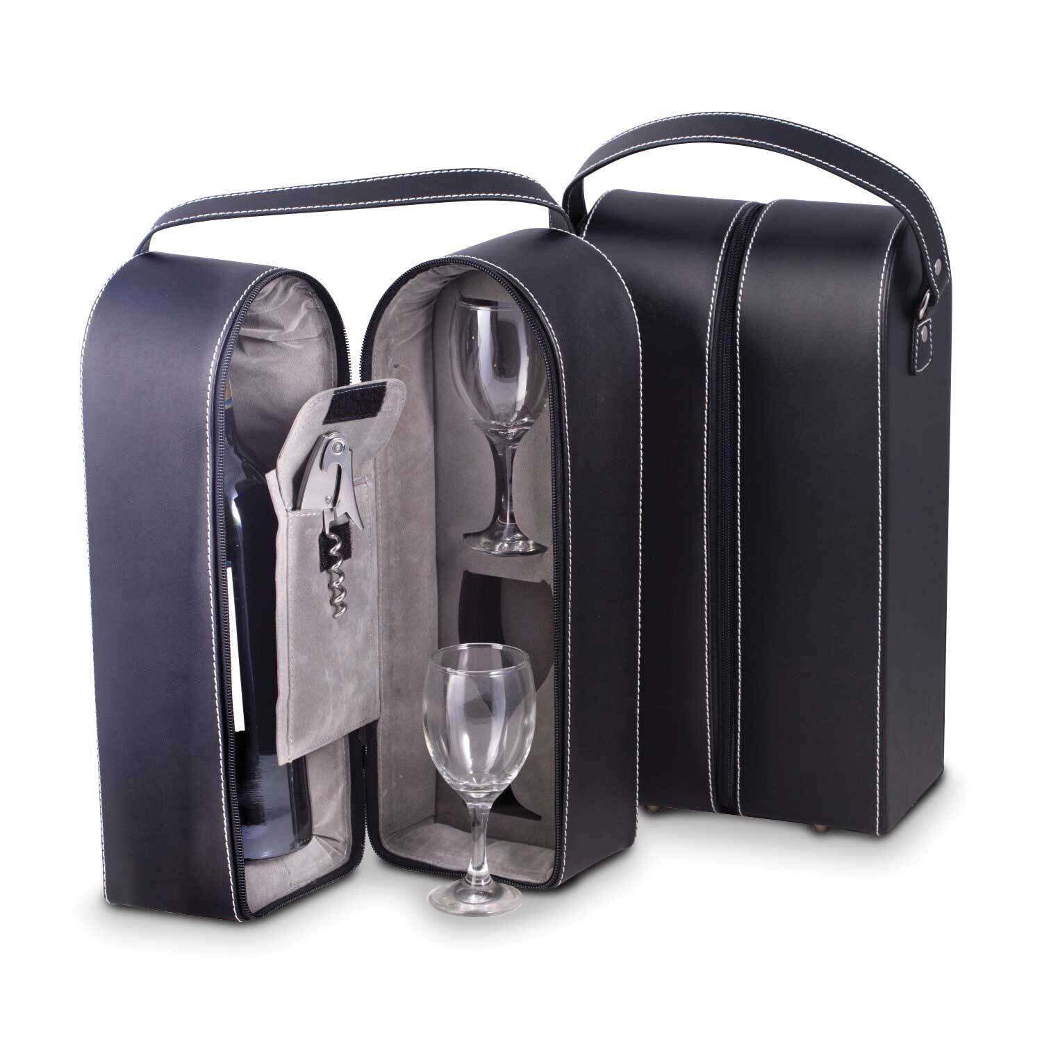 Black Leather Wine Caddy with Two Glasses and Bar Tools GM21606