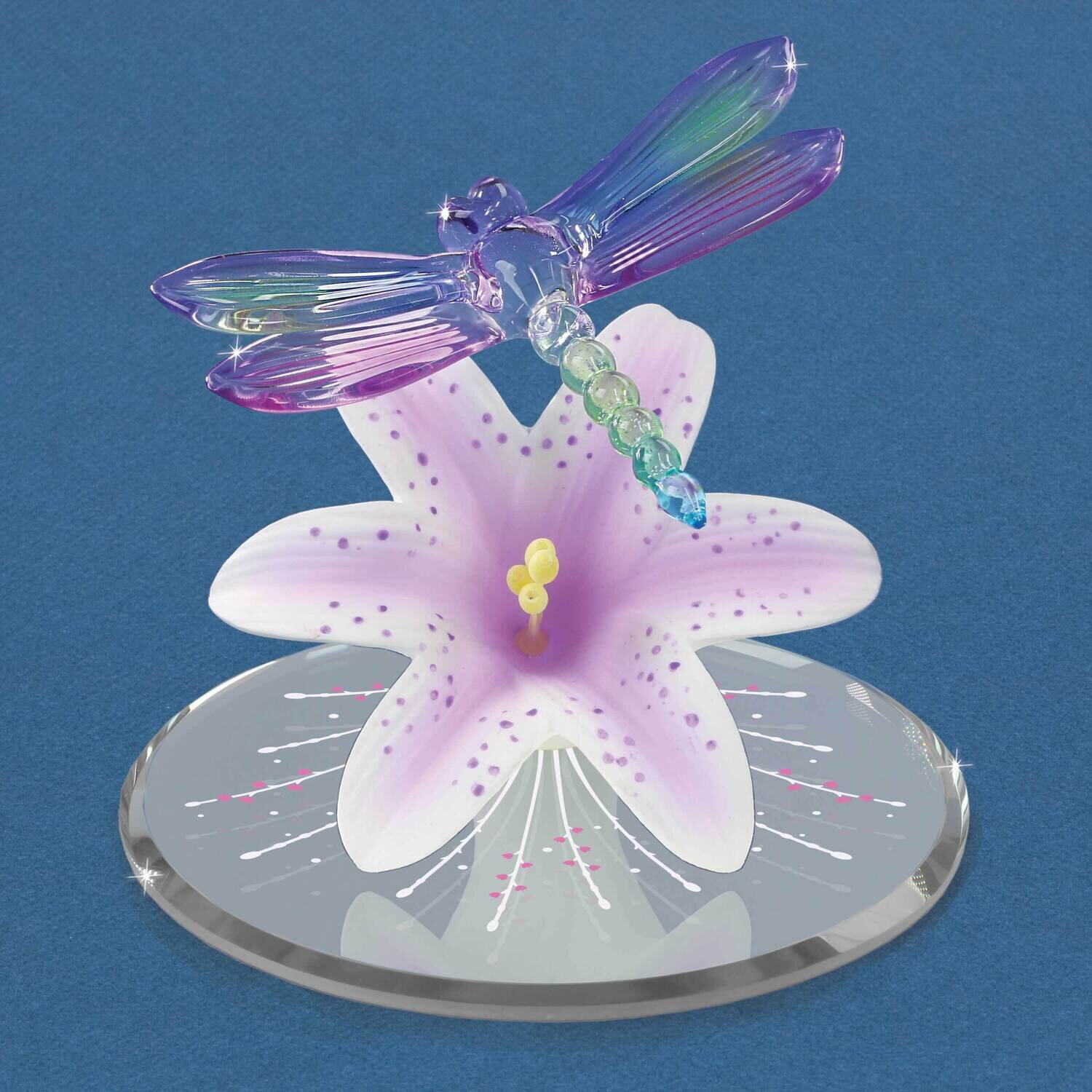 Colorful Dragonfly and Lavender Lily with Base Glass Figurine GM21674