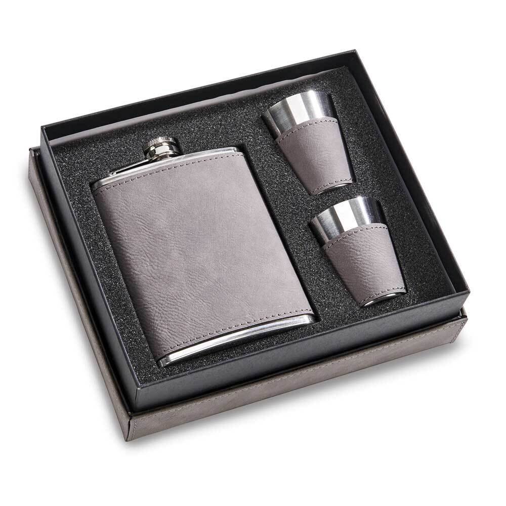 Grey Leatherette Box with 8 oz Flask 2 Cups Gift Set GM21751