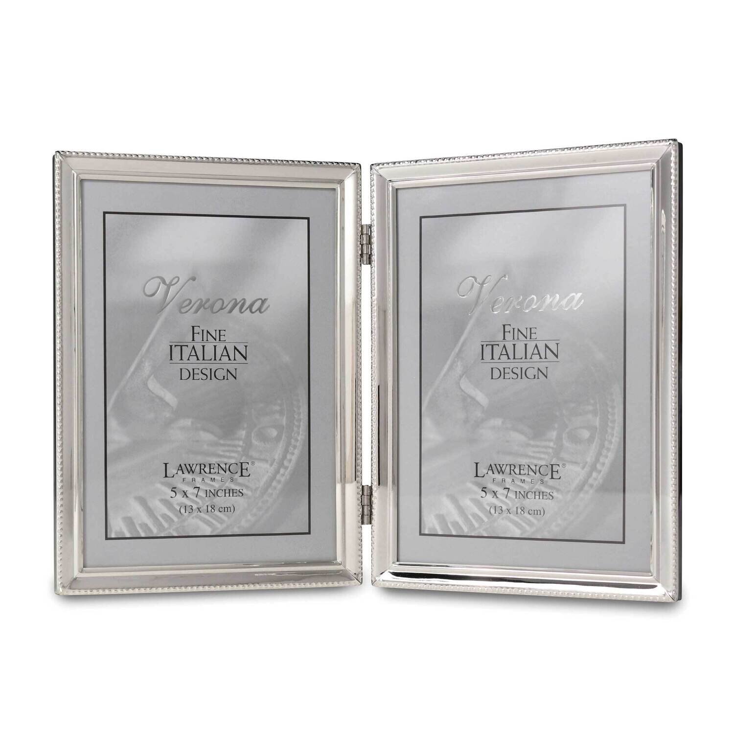 Polished Silver-plated 5 x 7 Inch Hinged Double Picture Frame Bead Border Design GM22287