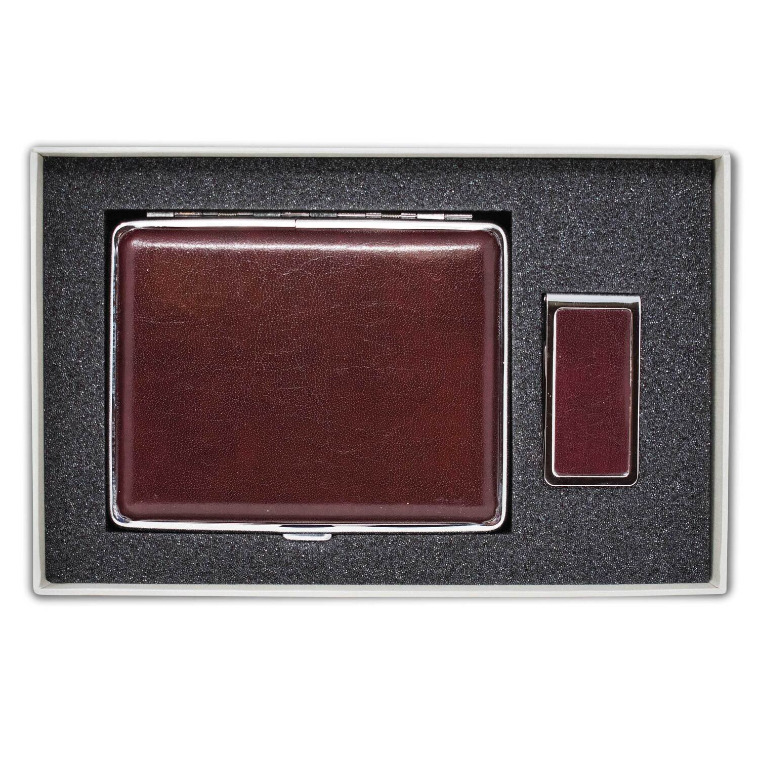 Smooth Burgundy Leather Covered Money Clip 20-Cigarette Case Set GM22586, MPN: GM22586, 788089147129