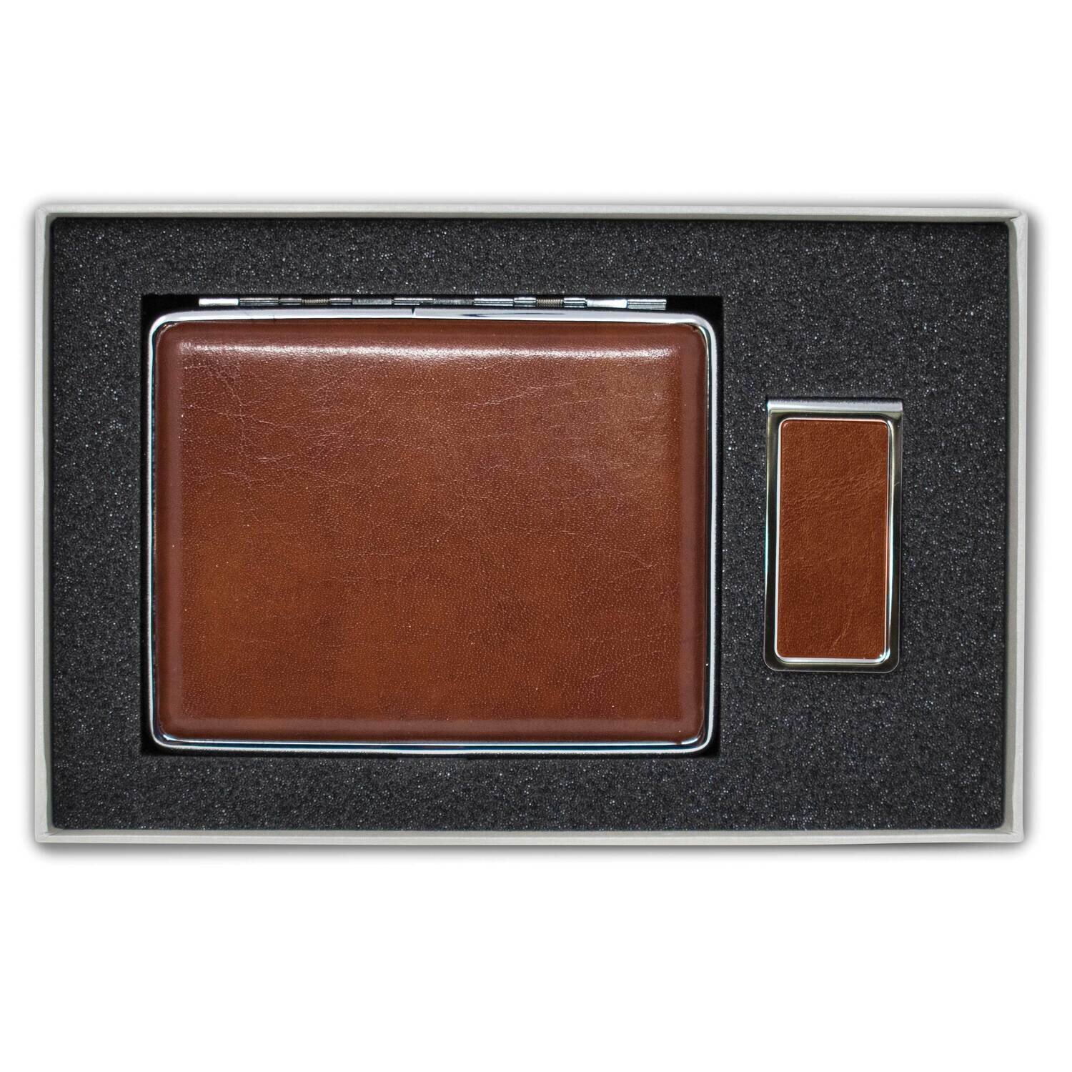 Smooth Tan Leather Covered Money Clip 20-Cigarette Case Set GM22587