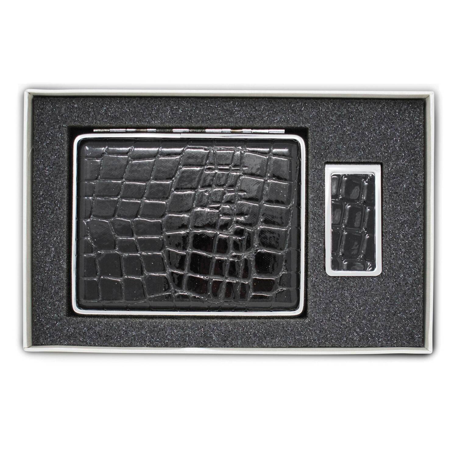 Croco Black Leather Covered Money Clip 20-Cigarette Case Set GM22591