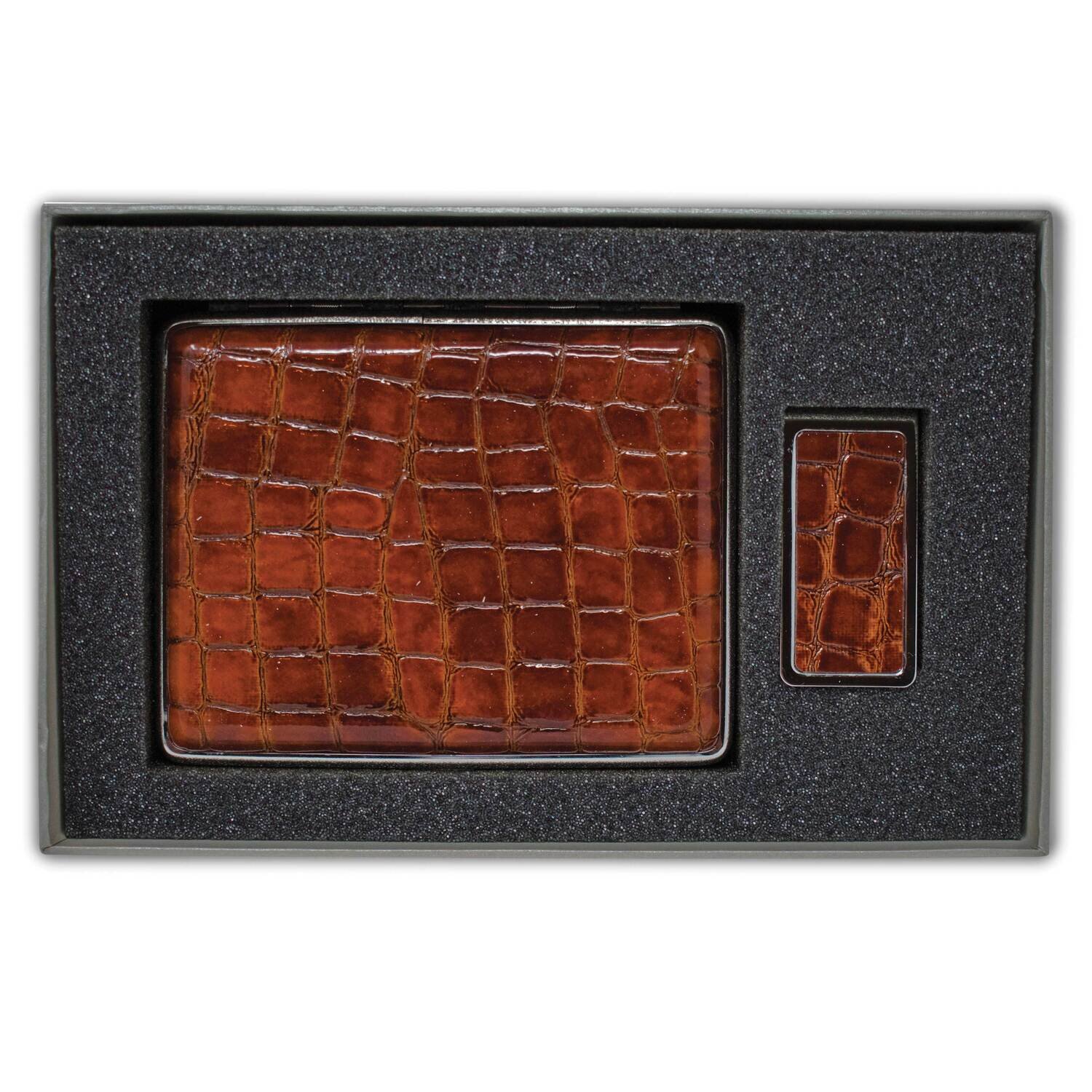 Croco Brown Leather Covered Money Clip 20-Cigarette Case Set GM22592, MPN: GM22592, 788089147181