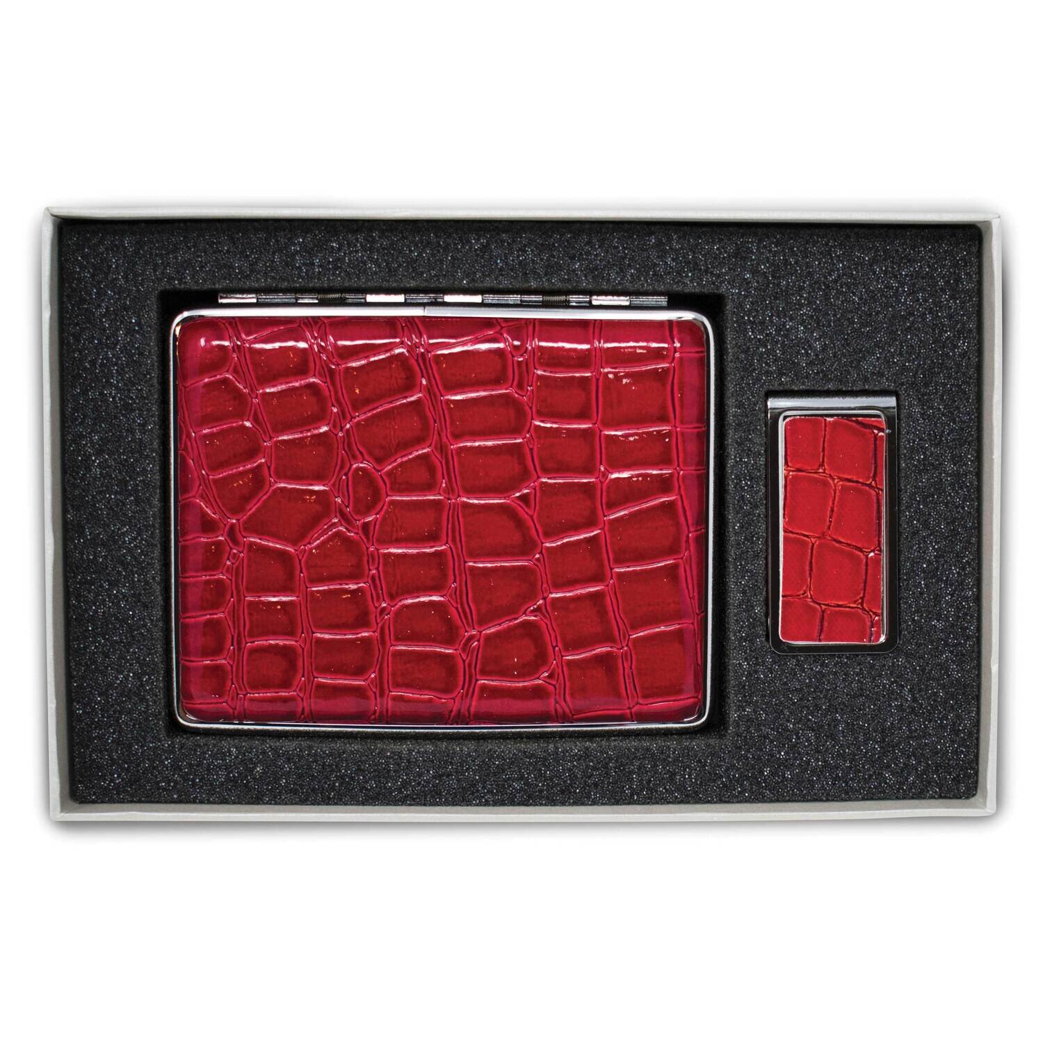 Croco Red Leather Covered Money Clip 20-Cigarette Case Set GM22593