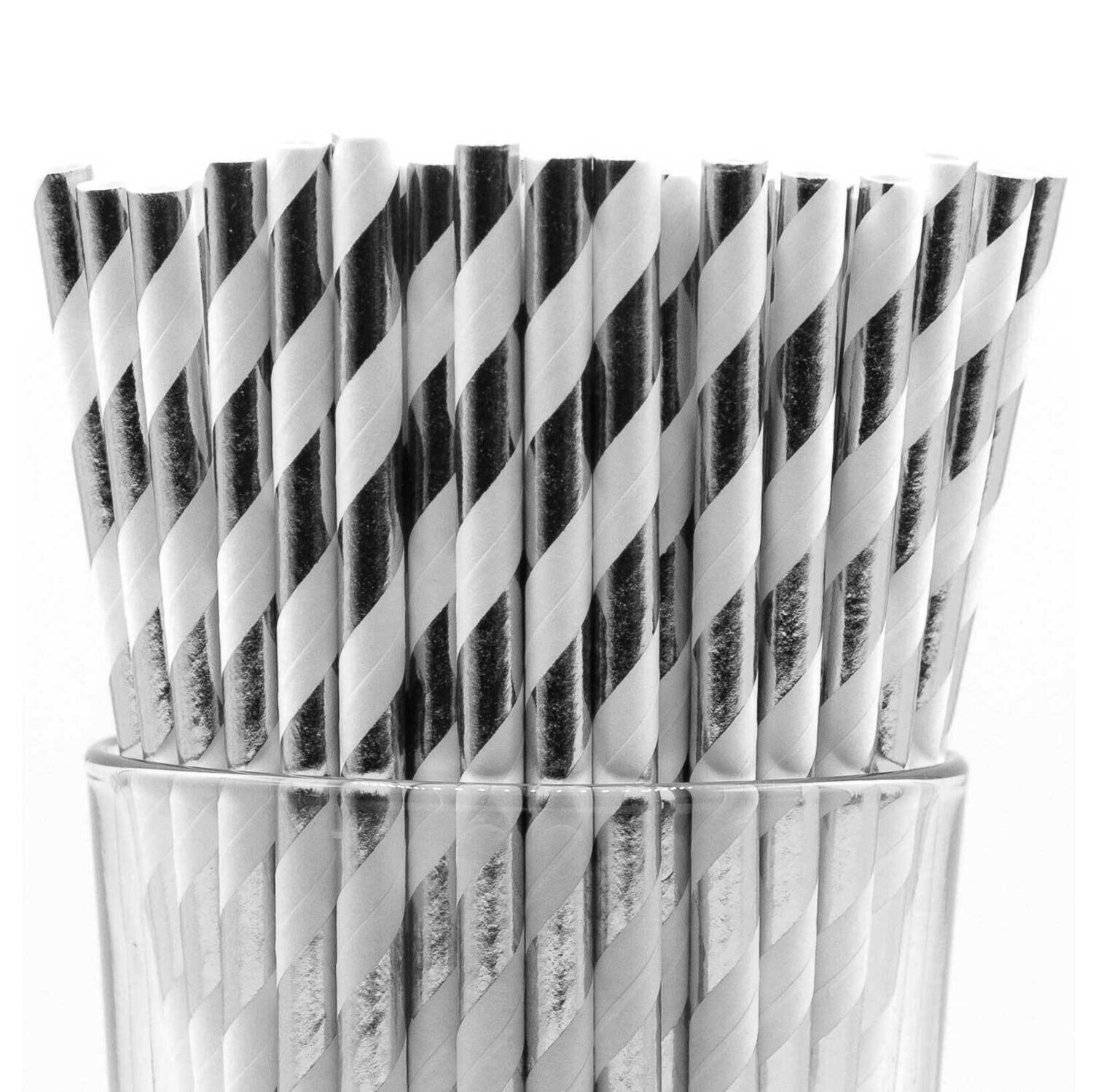 Pack of 150 Shiny Silver Wide Stripe Bio-degradable Paper Straws GM22609