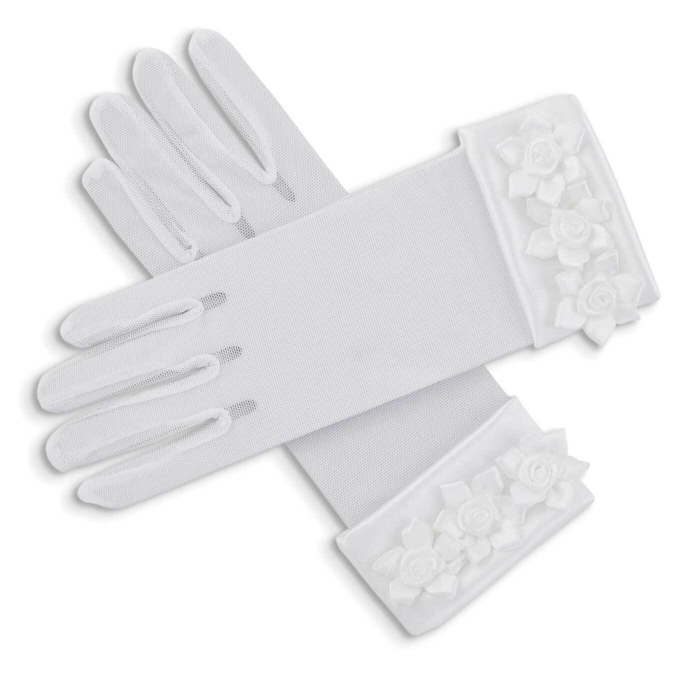 First Communion Mesh Gloves with Satin Rose Cuffs GM22972