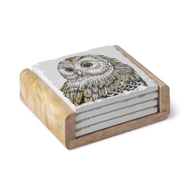 Beautiful Owl Set of Four Coasters with Holder GM23816