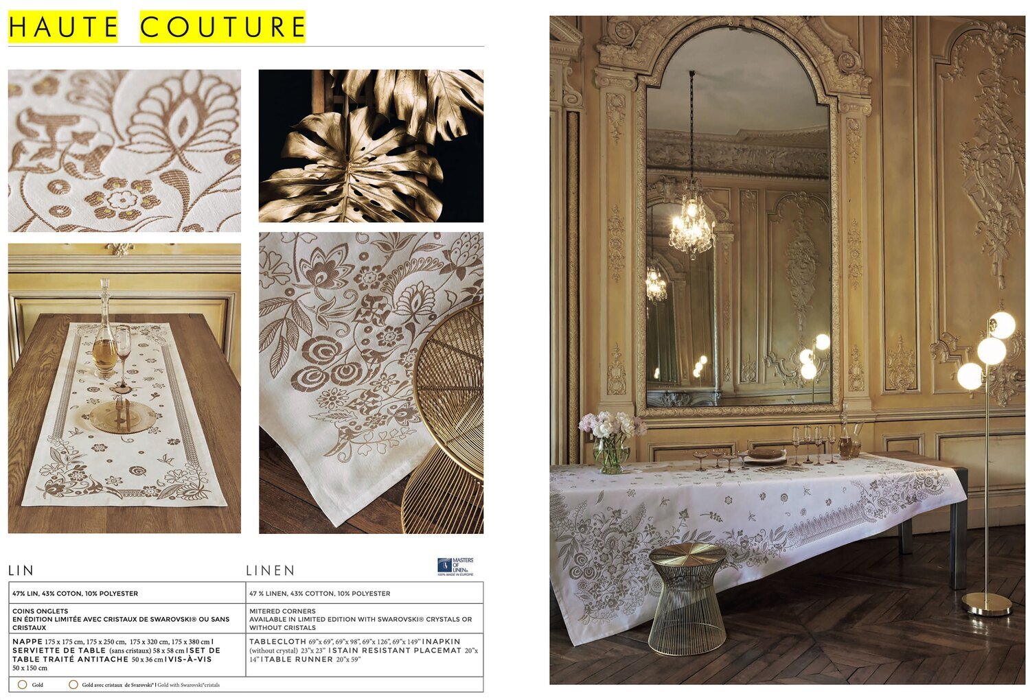 Le Jacquard Francais Haute Couture Gold Tablecloth 69 x 149 Inch 25760