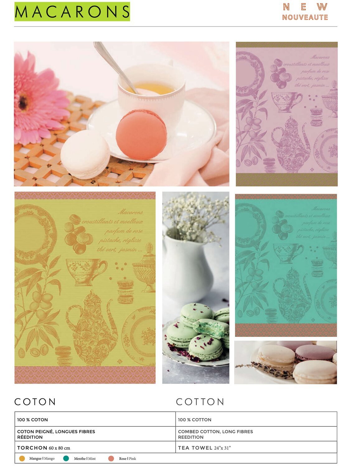 Le Jacquard Francais Macarons Pink Tea Towel 24 x 31 Inch 26320 Set of 4