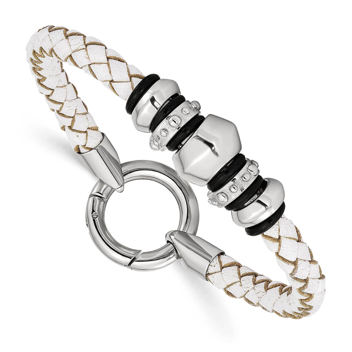 White Leather Black Rubber Bracelet Stainless Steel Polished SRB1260-8.25 by Chisel, MPN: SRB1260-8…