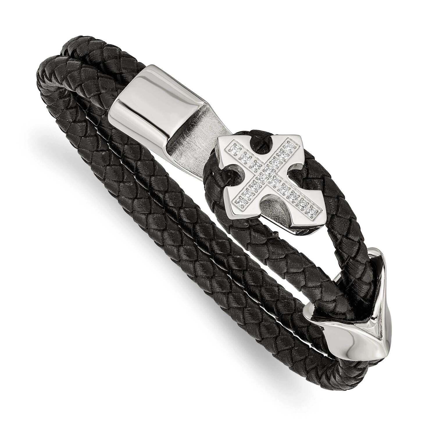 CZ Stone Stone Cross Leather Bracelet Stainless Steel Polished SRB1289-8