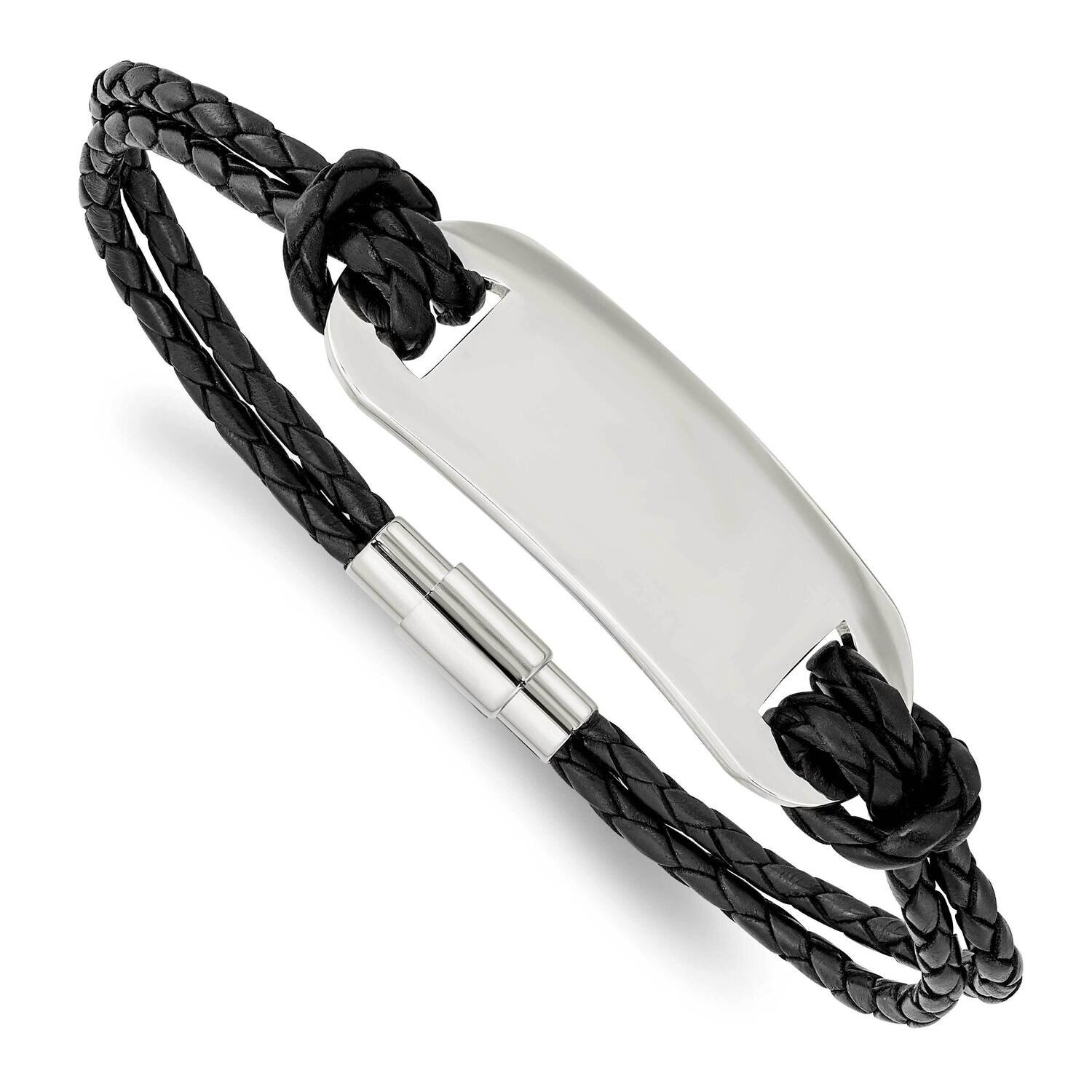 ID and Black Woven Leather Bracelet Stainless Steel Polished SRB1330-8.25