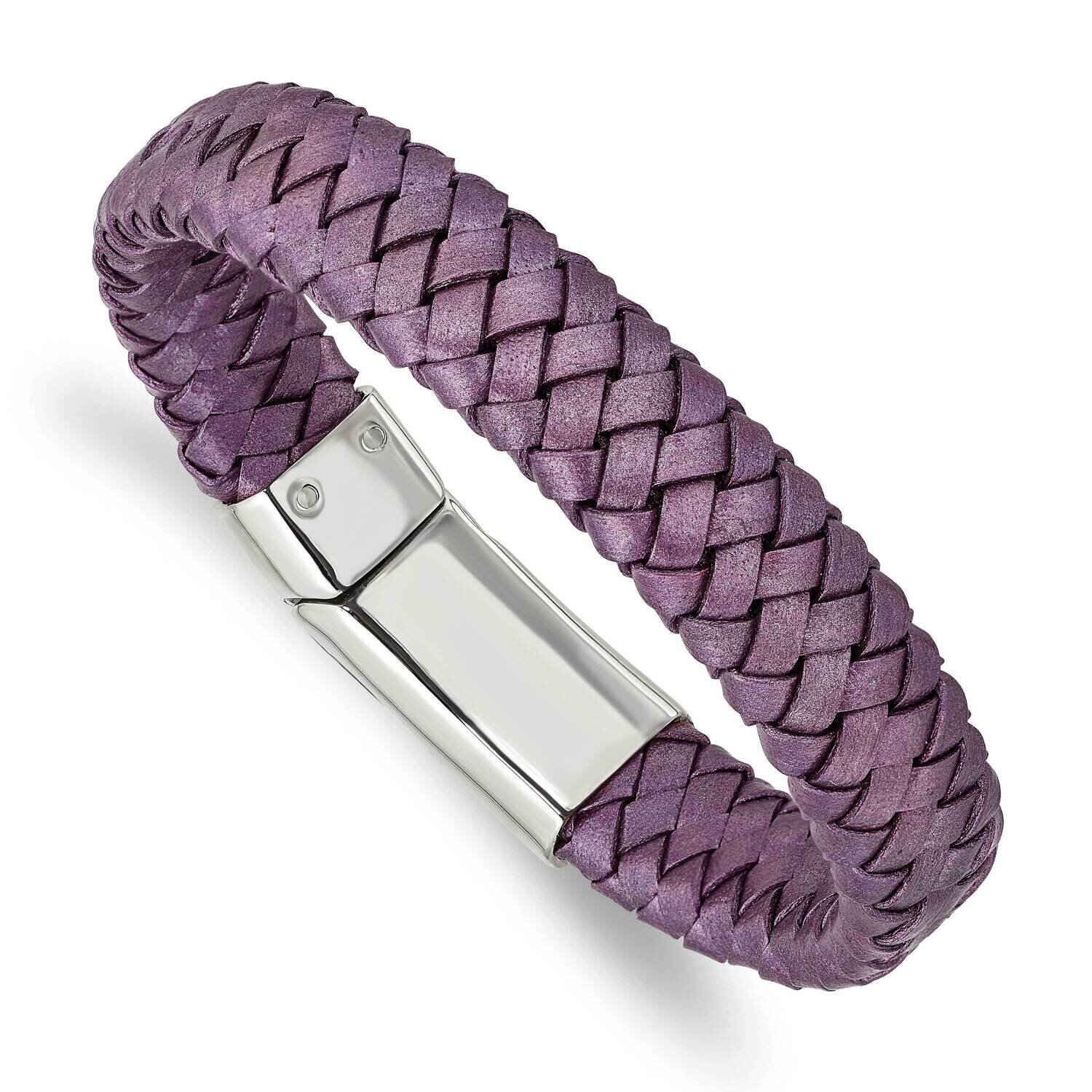 Metallic Purple Woven Leather Bracelet Stainless Steel Polished SRB1339-7.5