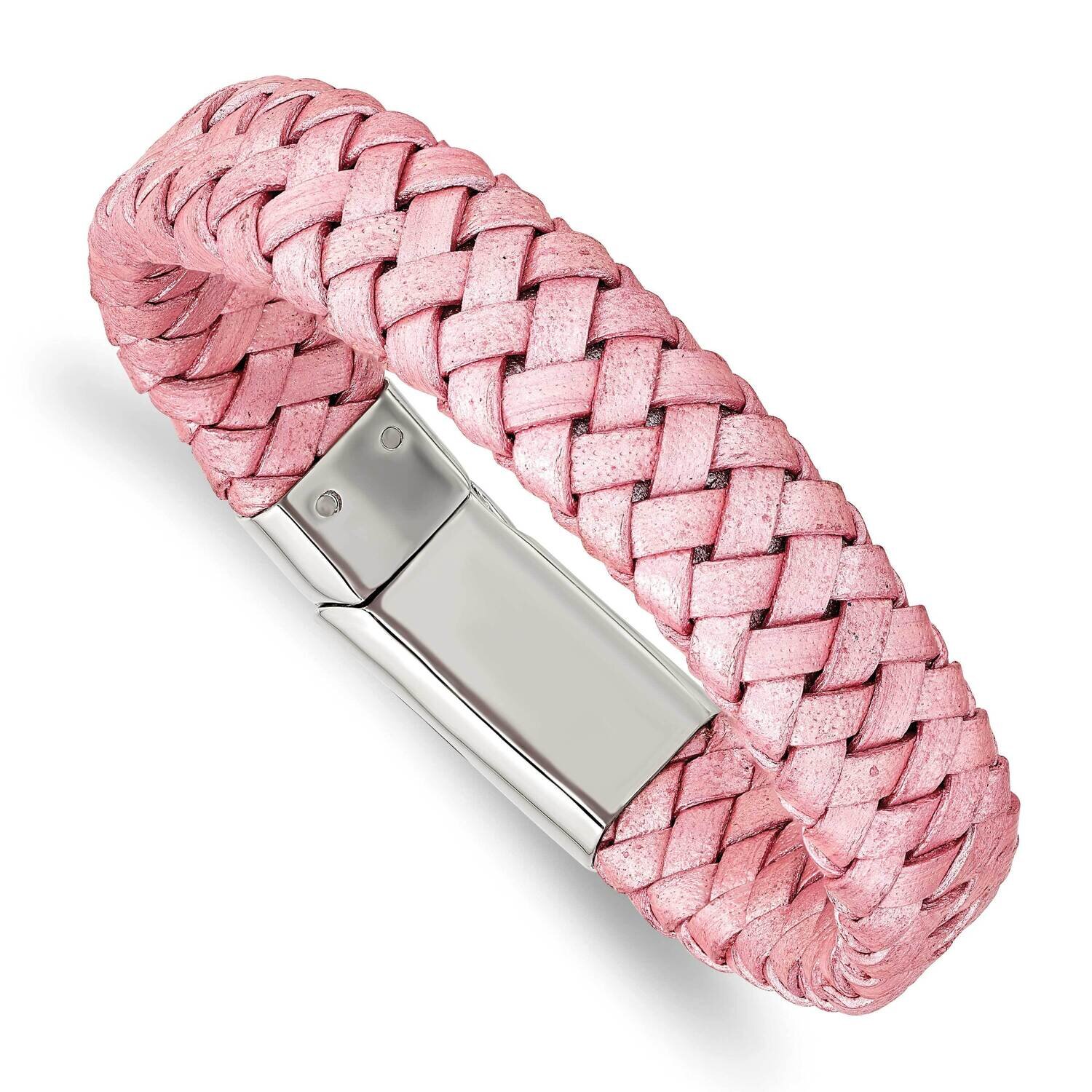 Metallic Pink Woven Leather Bracelet Stainless Steel Polished SRB1340-7.5 by Chisel, MPN: SRB1340-7…