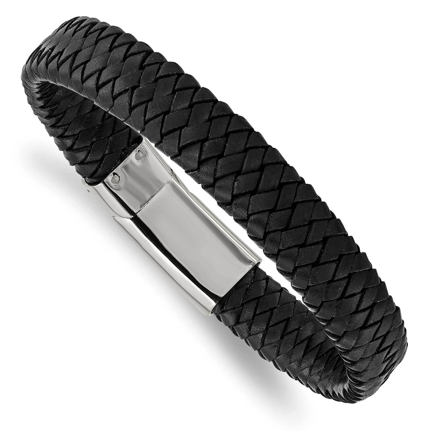 Black Woven Leather Bracelet Stainless Steel Polished SRB1341-8.5