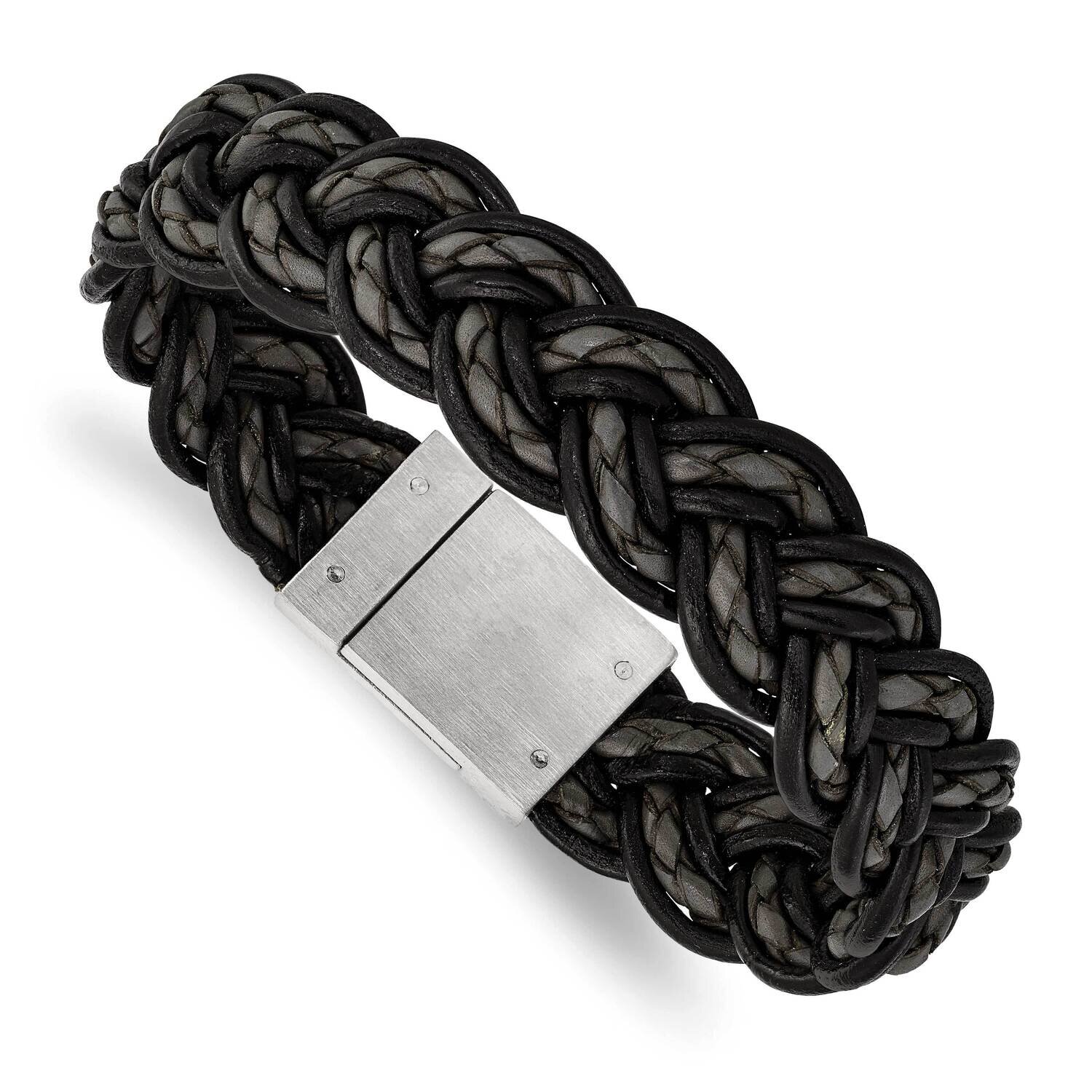 Black and Grey Woven Leather Bracelet Stainless Steel Brushed SRB1342-8.5