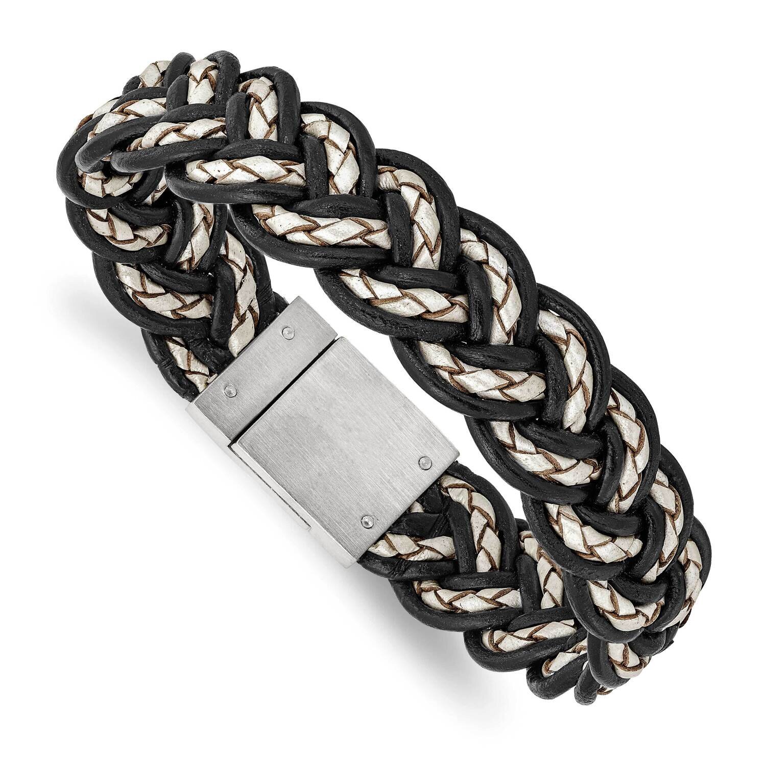 Black and Cream Woven Leather Bracelet Stainless Steel Brushed SRB1343-8.5
