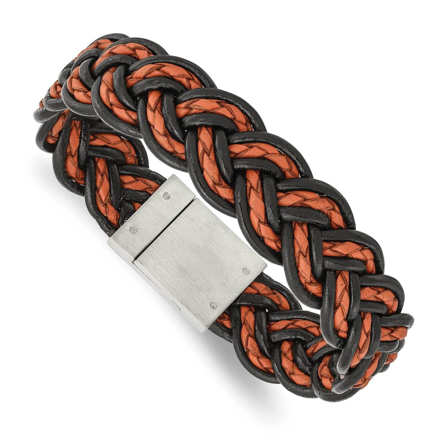 Black and Orange Woven Leather Bracelet Stainless Steel Brushed SRB1344-8.5