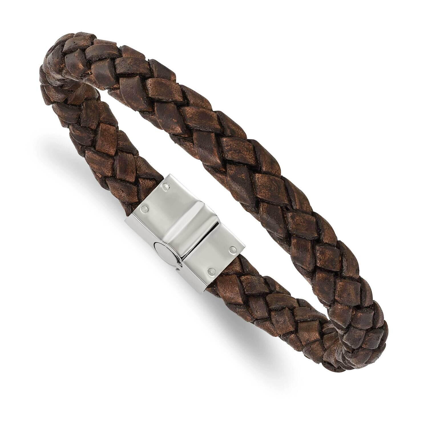 Brown Woven Leather Bracelet Stainless Steel Polished SRB1349-8.75