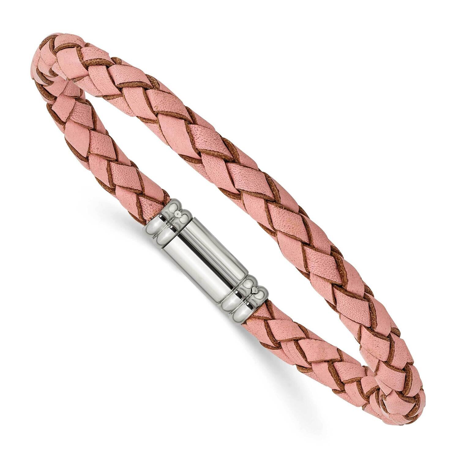 Pink Woven Leather Bracelet Stainless Steel Polished SRB1354-7.5 by Chisel, MPN: SRB1354-7.5, 19110…