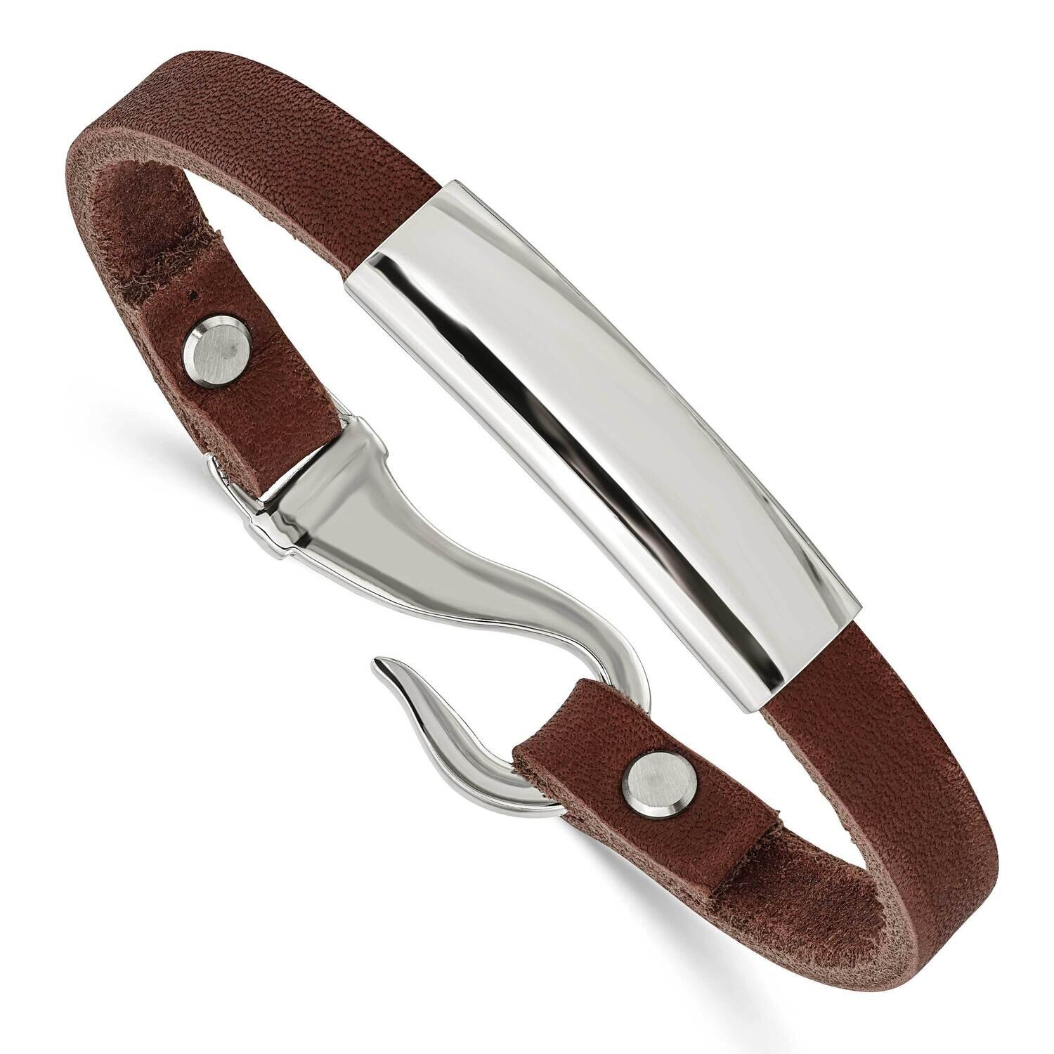 ID Brown Leather Bracelet Stainless Steel Polished SRB1363-8.5 by Chisel, MPN: SRB1363-8.5, 8867746…