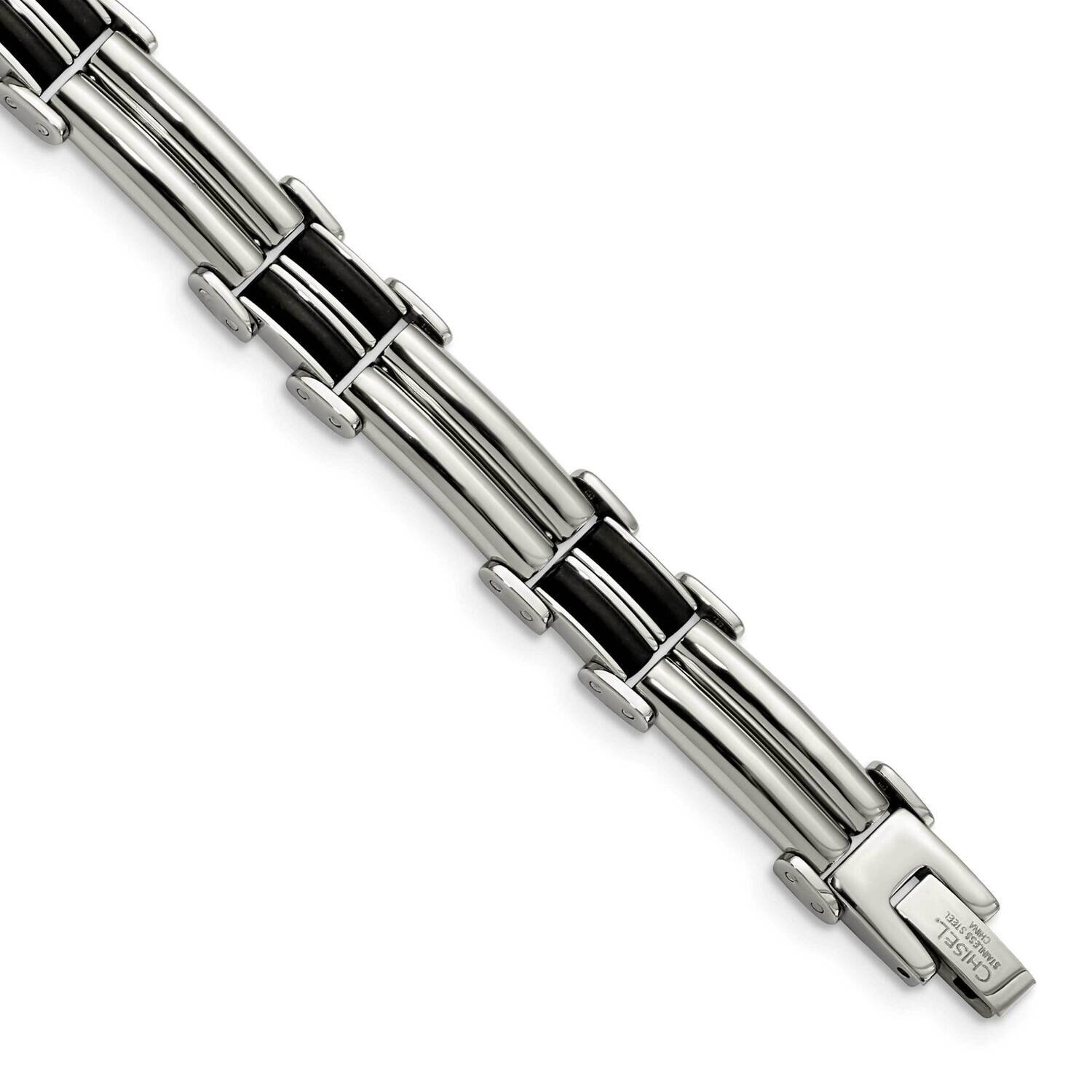 Black Rubber Bracelet Stainless Steel Polished SRB1380-8 by Chisel, MPN: SRB1380-8, 886774971827