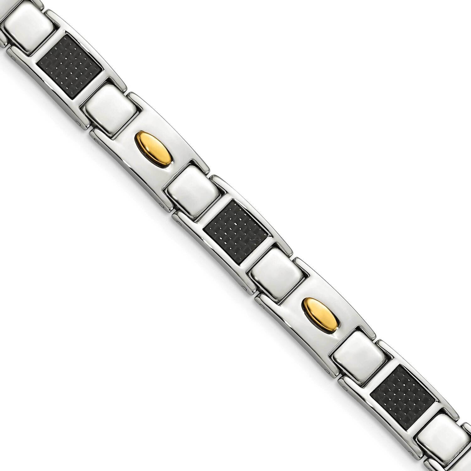Black Carbon Fiber Inlay &amp; Yellow IP Bracelet Stainless Steel Polished SRB142-9.5 by Chisel, MPN: S…