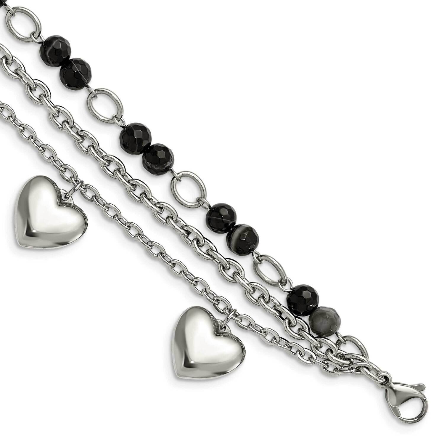 Black &amp; White Agate with Hearts Bracelet Stainless Steel Polished SRB1447-7.5 by Chisel, MPN: SRB14…