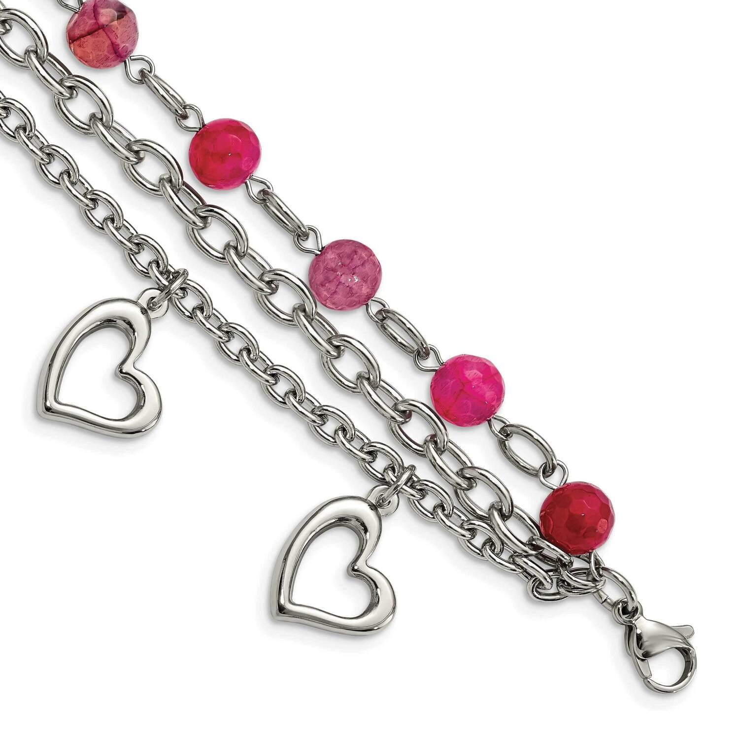 Pink Agate Hearts Bracelet Stainless Steel SRB1448-7.75 by Chisel, MPN: SRB1448-7.75, 191101391330