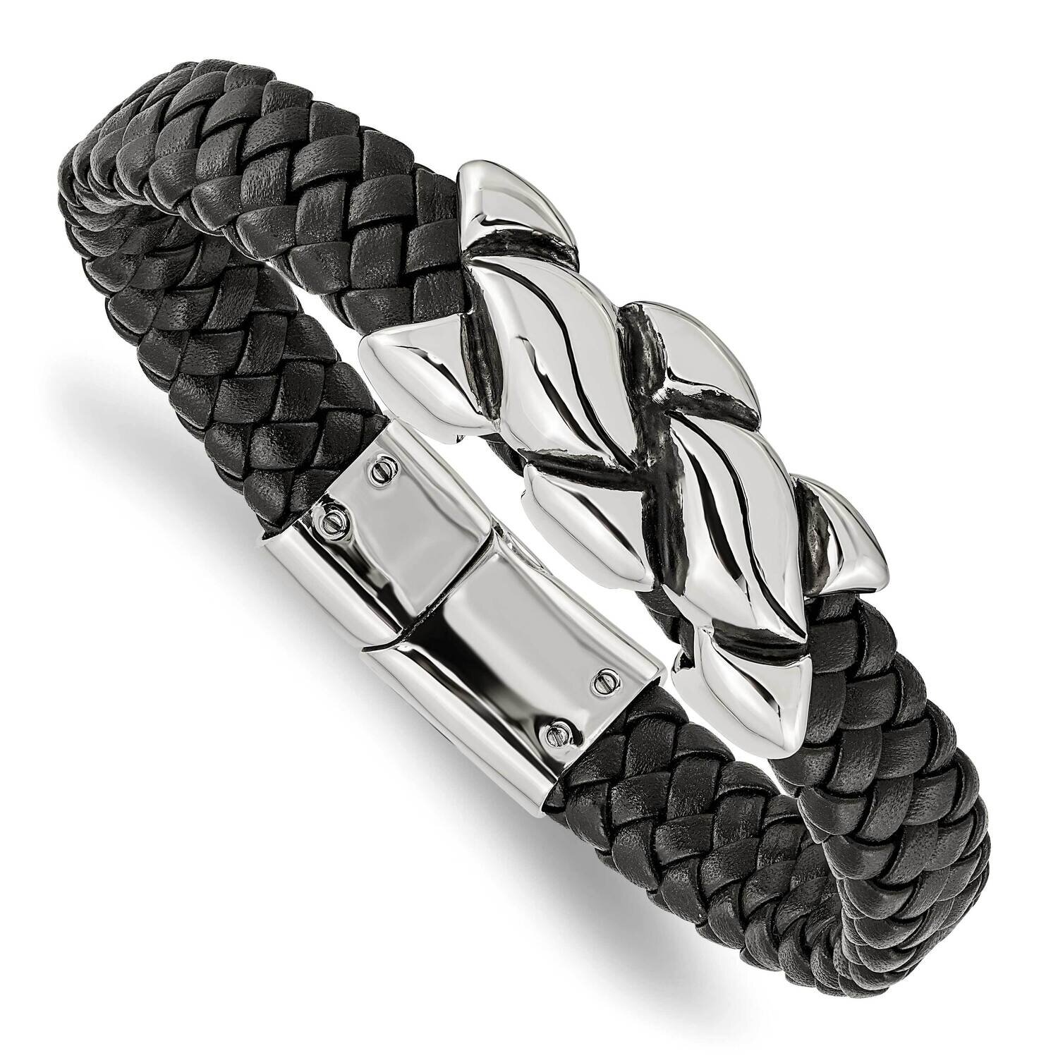 Black Leather Bracelet Stainless Steel Antiqued SRB1472-8.25