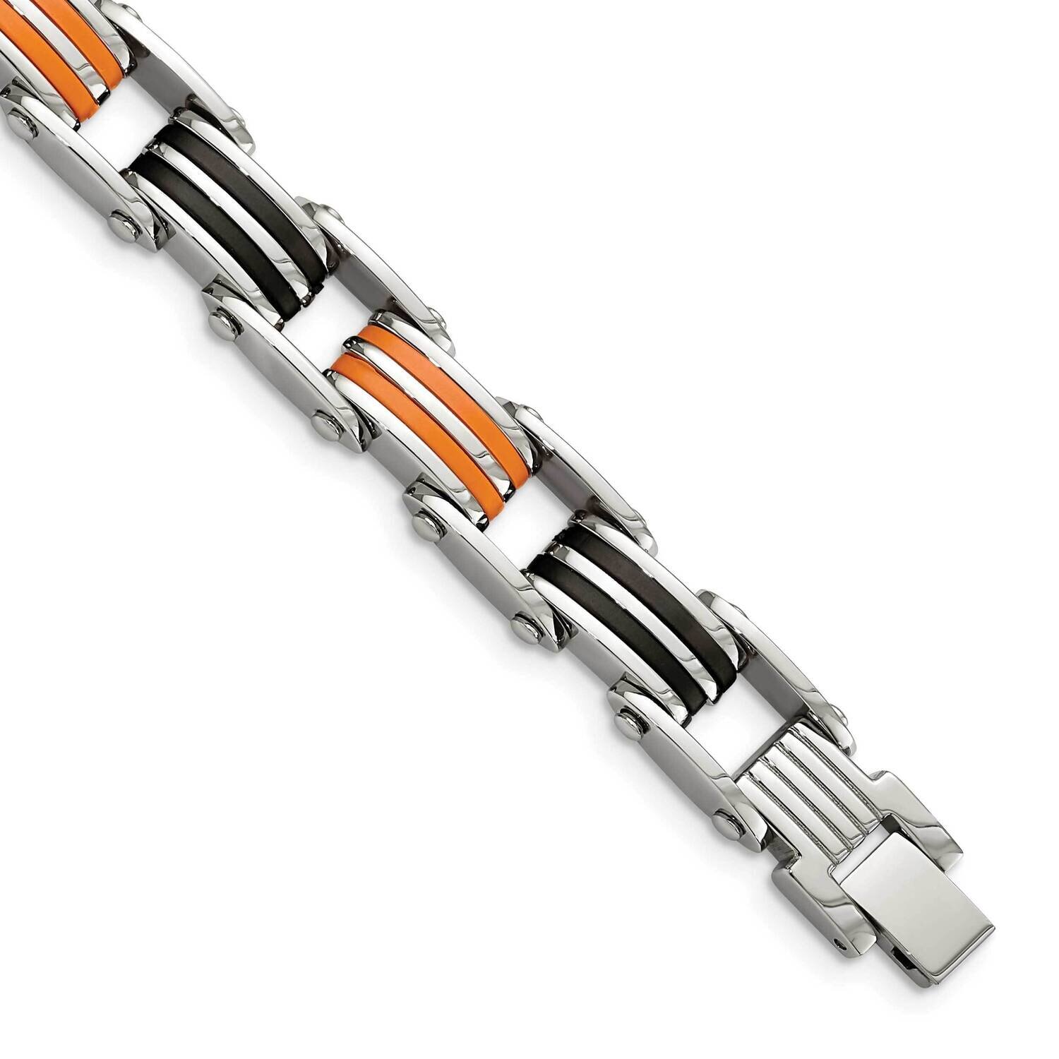 Black and Orange Rubber 8.5 Inch Bracelet Stainless Steel SRB183-8.75