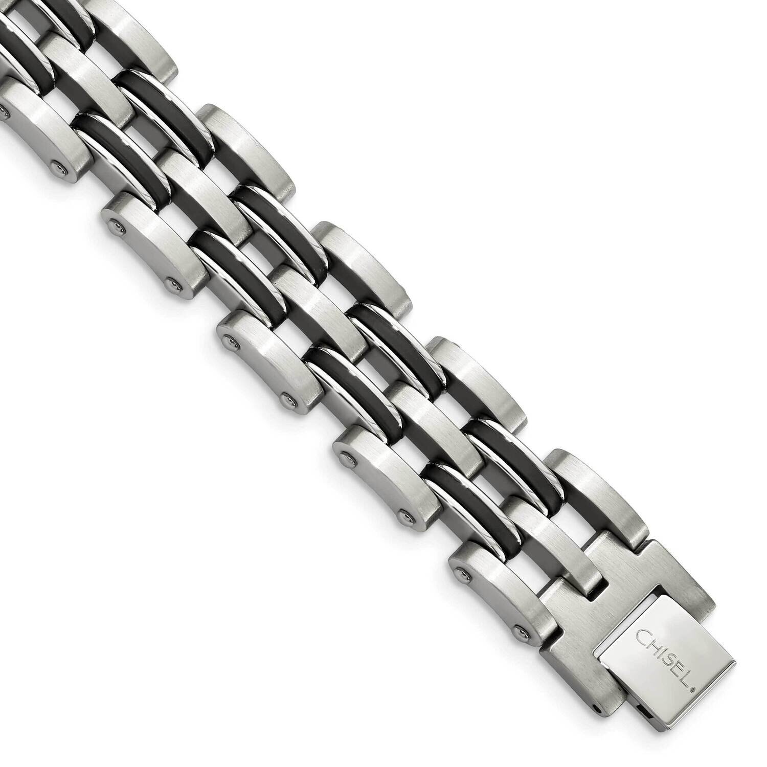 Black Rubber 9 Inch Bracelet Stainless Steel SRB206-9.25