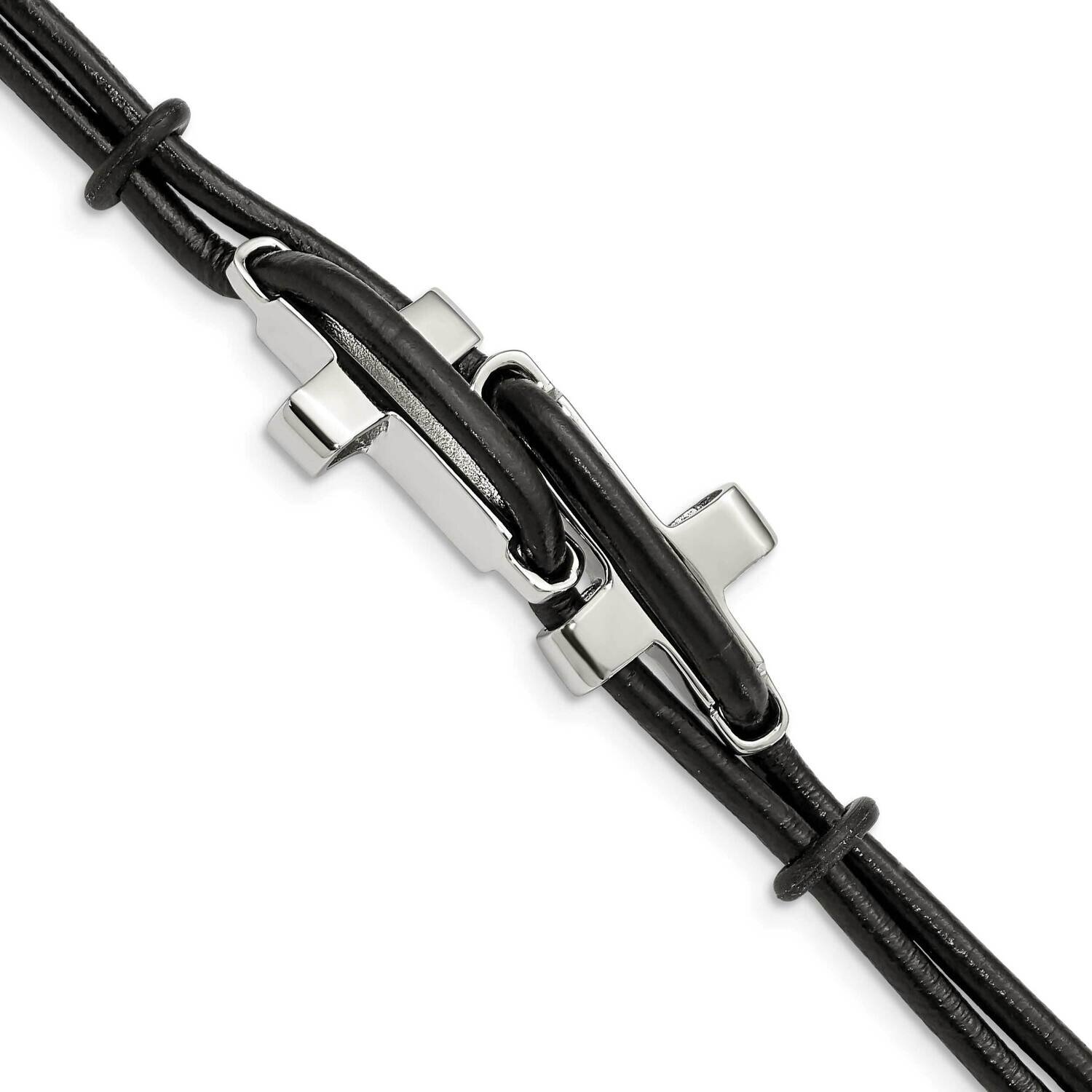 Black Leather 8.25 Inch Bracelet Stainless Steel SRB253-8.25