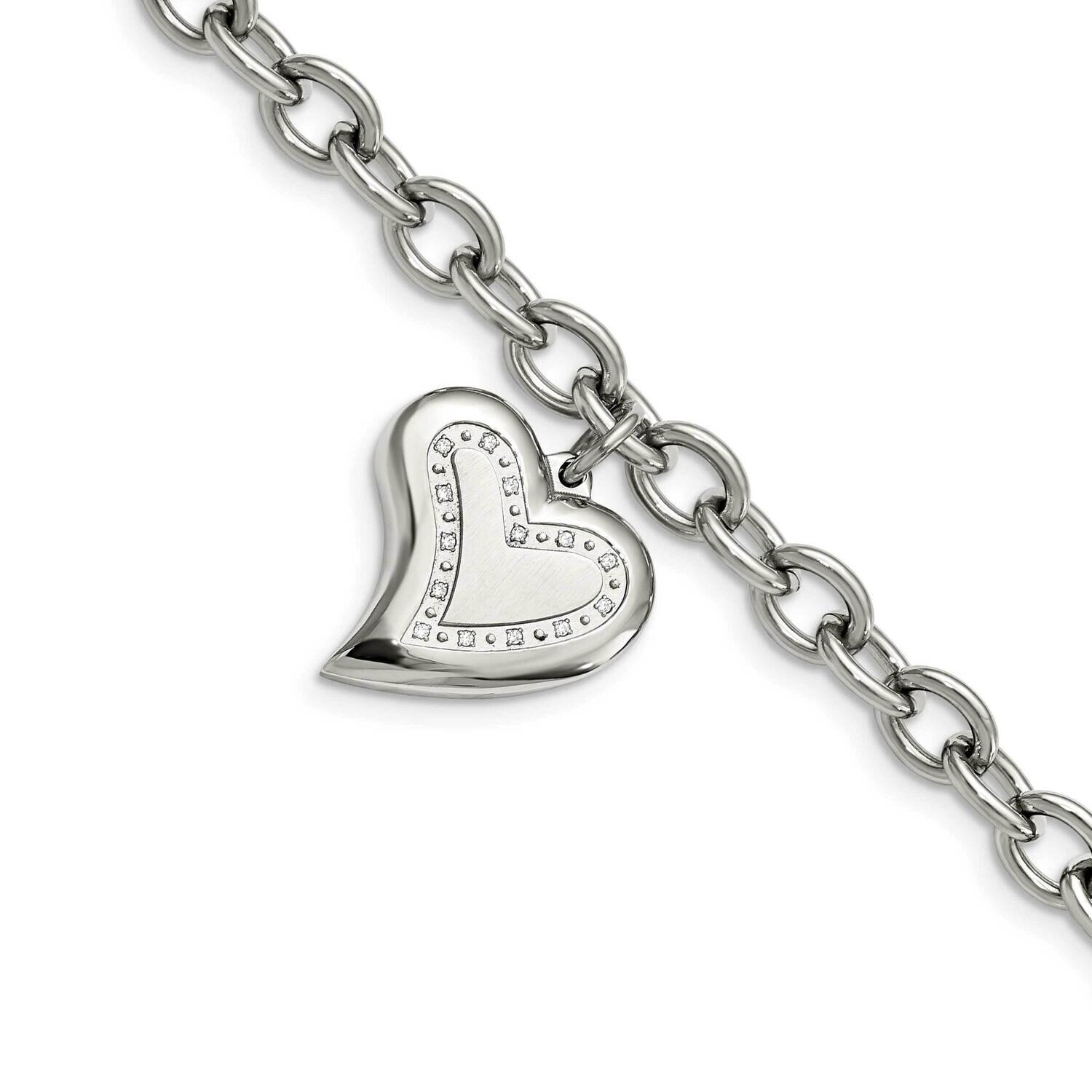 CZ Stone Stone Heart Charm Fancy 7.5 Inch Bracelet Stainless Steel SRB263-7.5