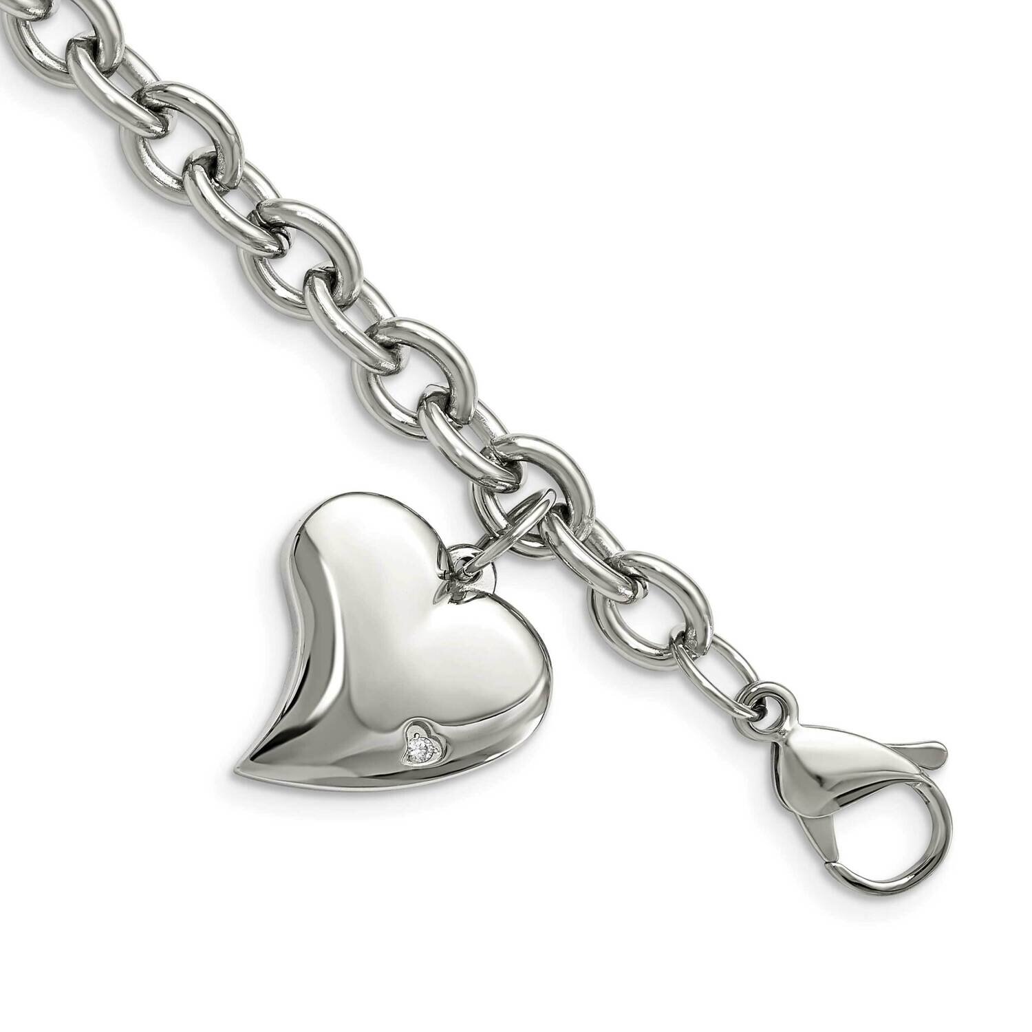 CZ Stone Stone Heart Charm Fancy 7.5 Inch Bracelet Stainless Steel SRB264-7.5